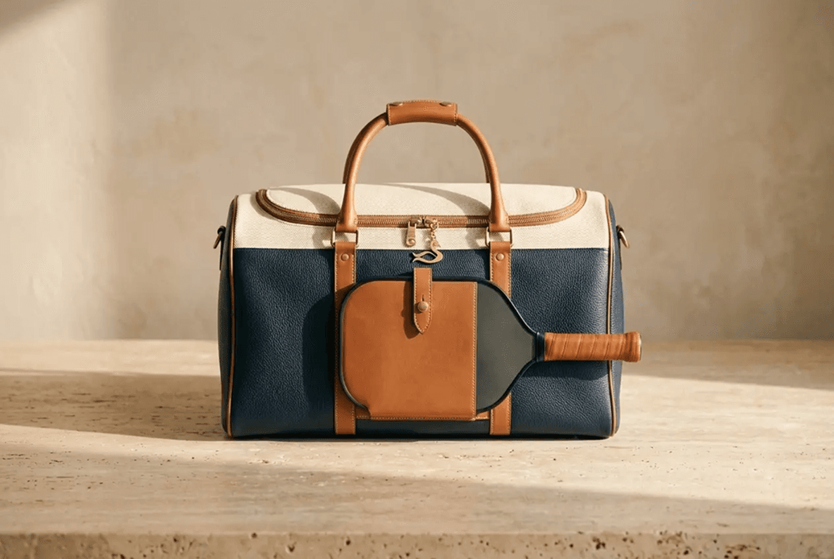 The Bellagio Duffel in pebbled navy leather, the paddle riding in its own pocket