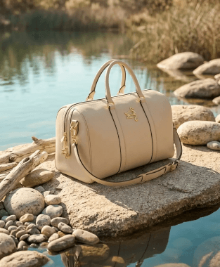 Cream leather bag by the water