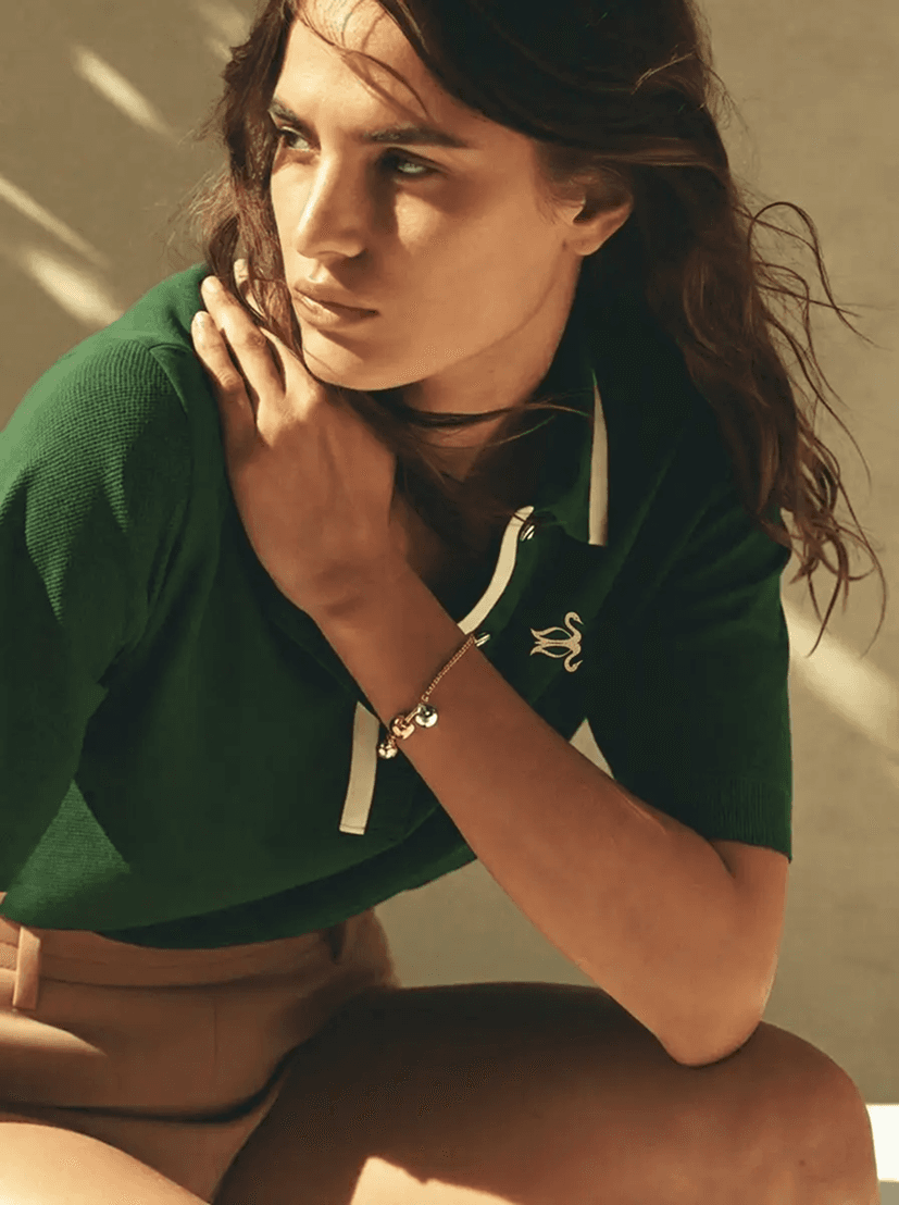Model wearing a green polo shirt